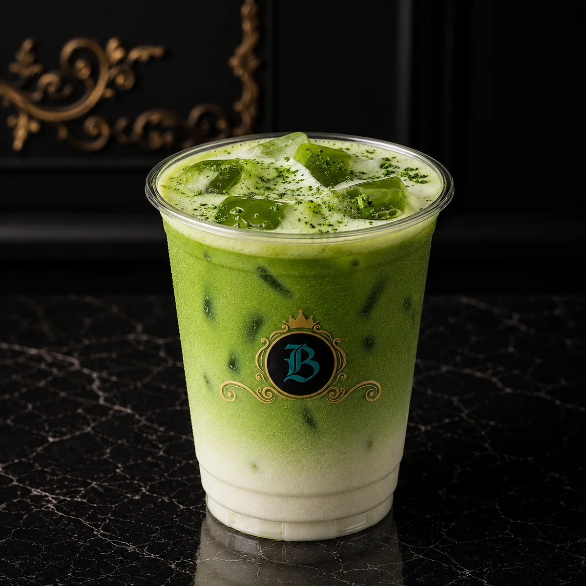 Iced Matcha Latte served in a BAROCK CAFE cup